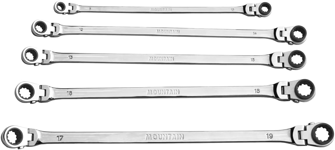 MOUNTAIN RM6, 5 Piece Metric Double Box Universal Spline Reversible Ratcheting Wrench Set, Extra Long Chrome Vanadium Steel, 90 Tooth, 4 Degree Swing Arc, Flexible Design for Hard to Reach Fasteners