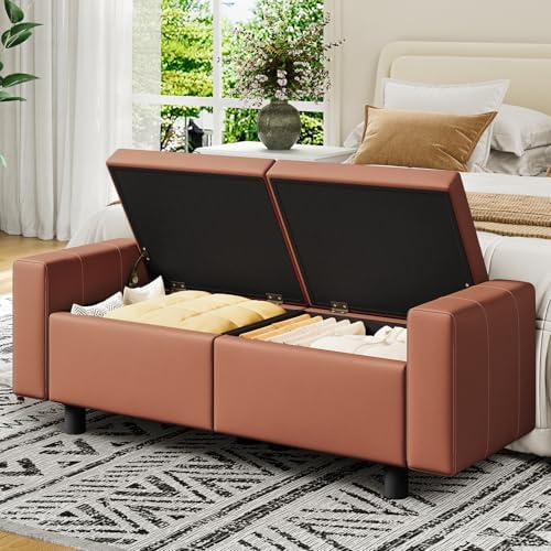hoobro ottoman with storage, 46.7'' storage bench showing dimensions