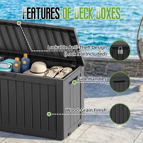 85 gallon outdoor storage deck box waterproof resin showing dimensions