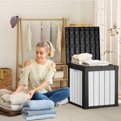 patiozen 50 gallon resin deck box, lockable patio showing dimensions