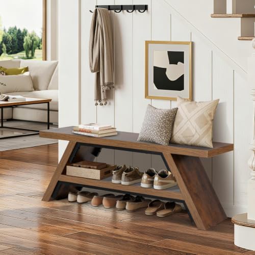2-tier shoe storage bench, 47" solid wood entryway, front angle view