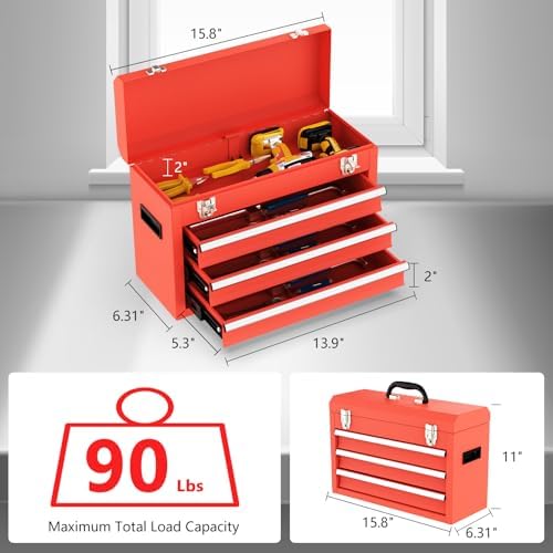 3 drawer metal tool box, portable metal tool shown in use