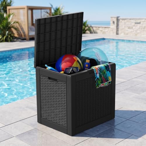 outdoor storage box waterproof, 32 gallon deck box on a desk or shelf