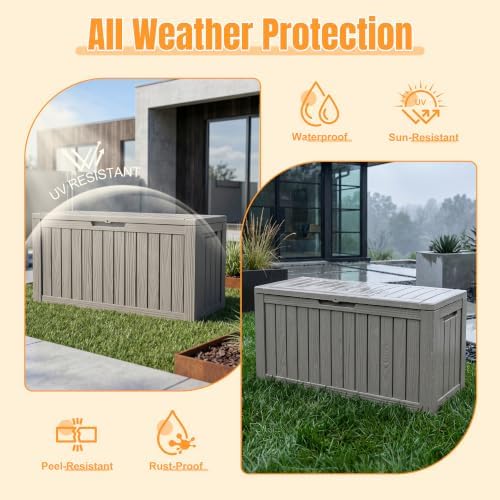 outdoor storage box,140 gallon waterproof resin deck box shown in use