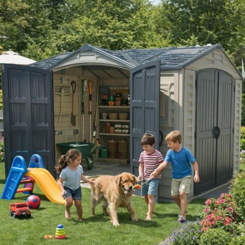duramax apex pro 10.5x8 dual-access vinyl storage shed, close-up detail