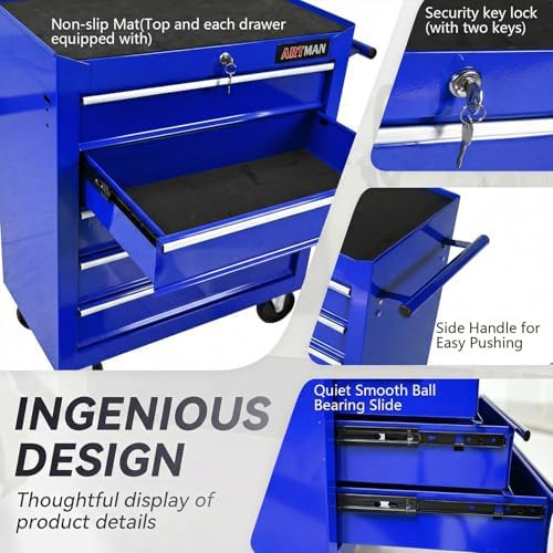 5 drawers rolling tool chest on wheels, multifunctional on a desk or shelf