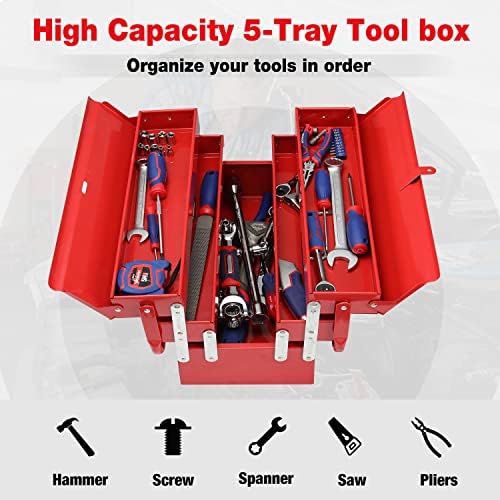workpro metal tool box, 18-inch cantilever folding red, package contents