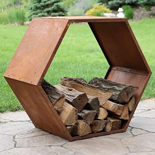 sunnydaze steel outdoor firewood rack, 30” w, hexagon on a desk or shelf