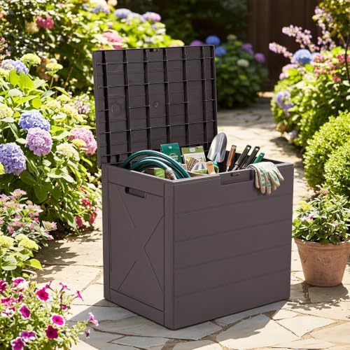 tangkula 25 gallon outdoor storage box with lockable shown in use