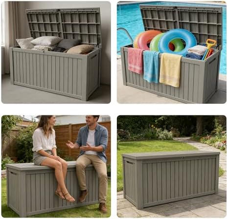 200 gallon outdoor storage box resin deck box, front angle view