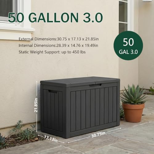 outdoor storage box, 50 gallon waterproof deck box shown in use