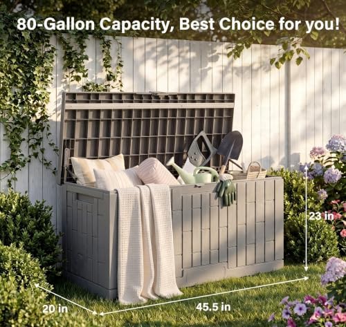lausaint home 80 gallon resin deck box, package shown in use