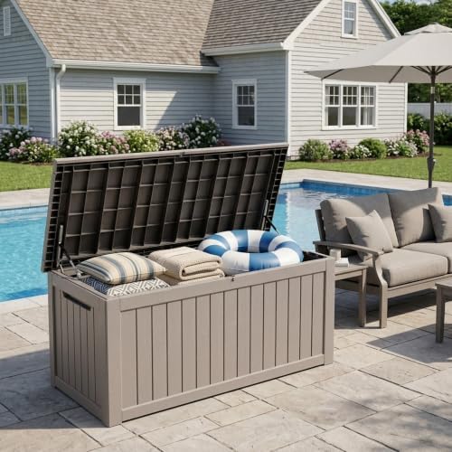 300 gallon resin large deck box organization and shown in use