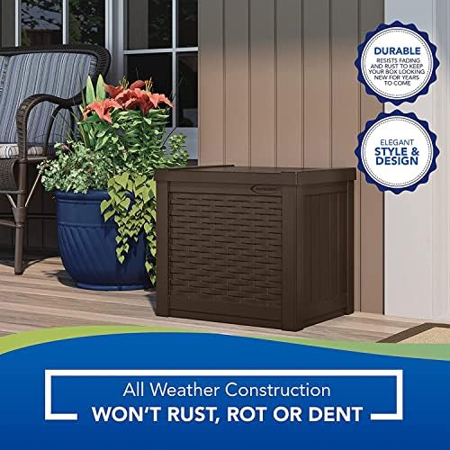 suncast 22 gal, small outdoor storage deck box, front angle view