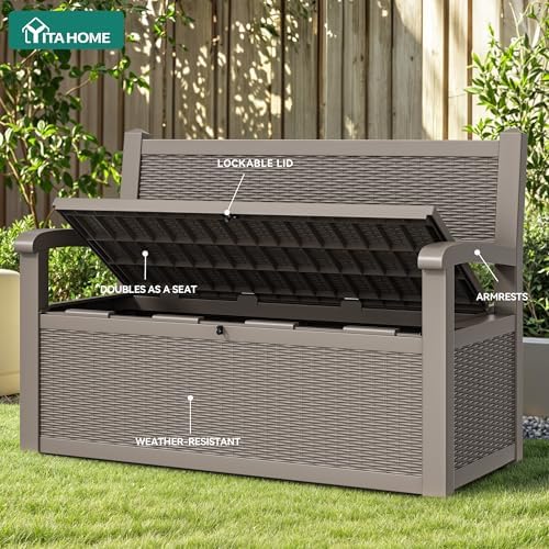 yitahome 80 gallon storage bench deck box showing dimensions