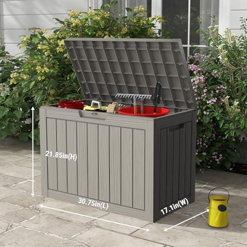 mars villa deck box, outdoor storage box waterproof shown in use