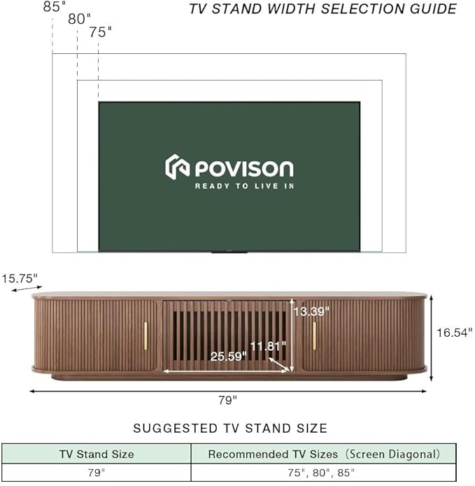 POVISON Fully-Assembled Mid-Century Modern Tambour Door TV Stand, Wood TV - Image 5