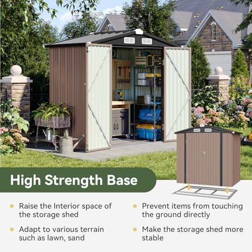 aoxun 6'x4' outdoor storage shed with base, brown, close-up detail