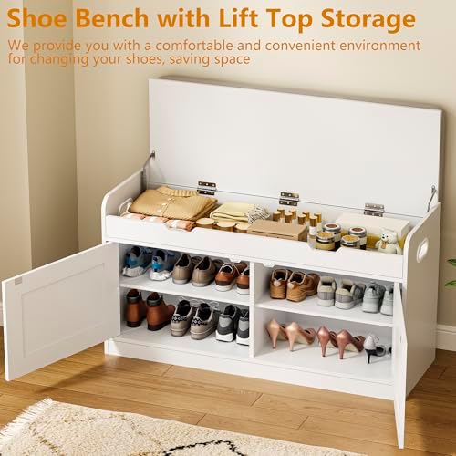 2-tier storage bench, 39.4" wide shoe bench with, side view