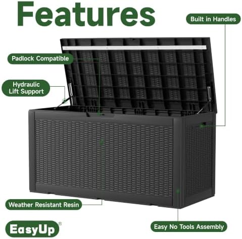 easyup 120 gal deck box waterproof outdoor storage showing dimensions