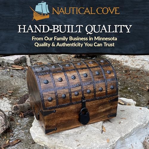 nautical cove wooden pirate treasure chest with lock, front angle view