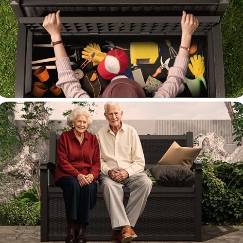 easyup 80 gallon outdoor storage bench lockable deck on a desk or shelf