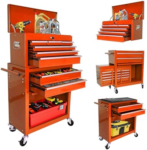 8-drawer tool chest, detachable top box for garage,orange, side view