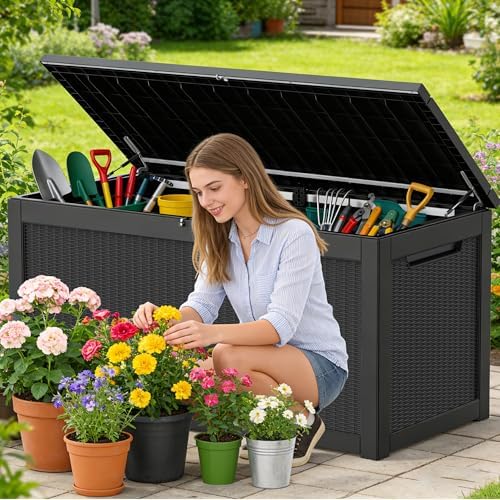 350 gallon extra large outdoor storage box，resin waterproof, front angle view