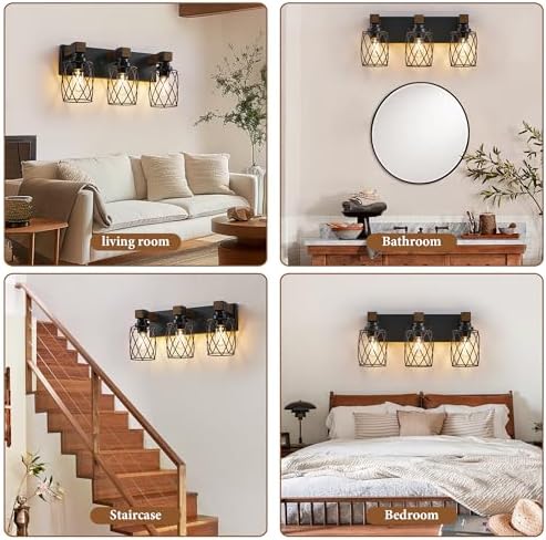Farmhouse 3-Light Wood Bathroom Vanity Light, Black Metal Cage Shade | Mounted Over Mirror, Industrial Rustic Style, Ideal for Bathroom, Bedroom, Hallway & Living Room, Easy To Install