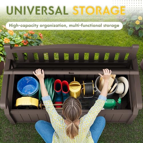 greesum 80 gallon outdoor storage bench deck box showing dimensions