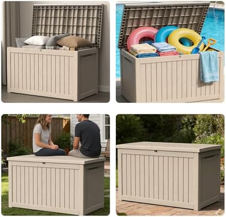 300 gallon outdoor storage box resin deck box on a desk or shelf