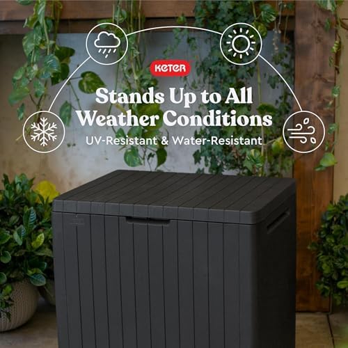 keter city 30 gal outdoor storage box and showing dimensions