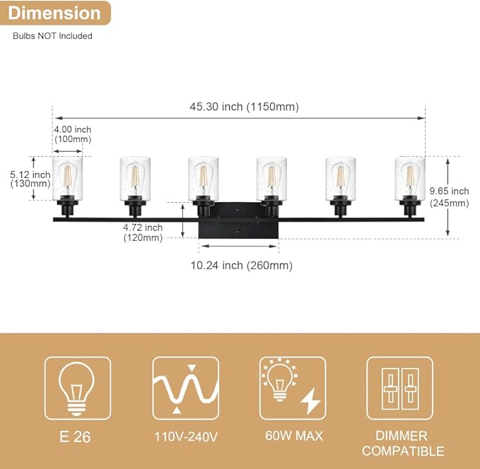 WINSHEN 6-Light Seeded Glass Vanity Light Fixtures in Matte Black Finish - Image 4