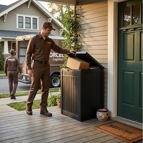 package delivery box, lockable resin outdoor package, waterproof on a desk or shelf