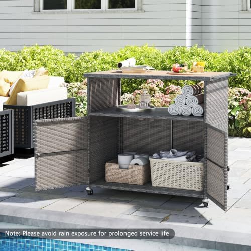happygrill outdoor storage cabinet with wheels, pe rattan, side view