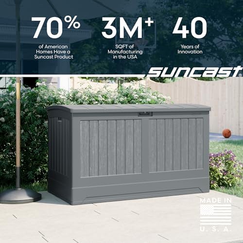 suncast xl deck box, 200 gal, all weather on a desk or shelf