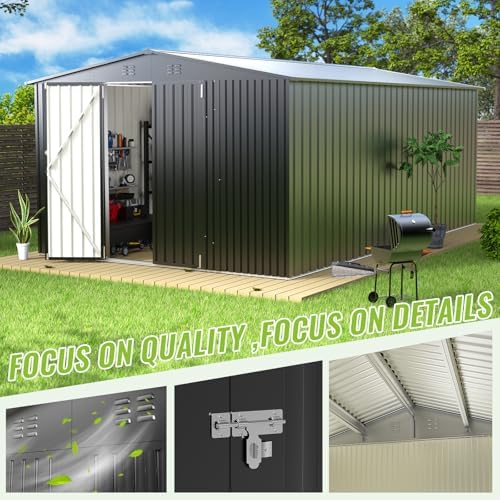 10x14 ft outdoor storage shed, durable metal outside, close-up detail