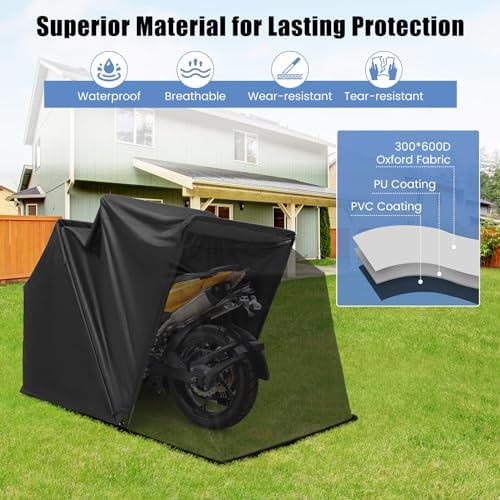 goplus motorcycle storage shed, 136 x 54 x shown in use