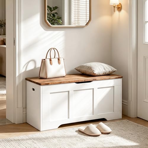 39.4" flip top wooden storage bench with 2 shown in use