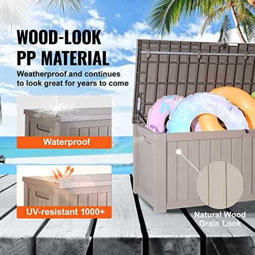 vevor deck box, 120 gallon outdoor storage box, side view