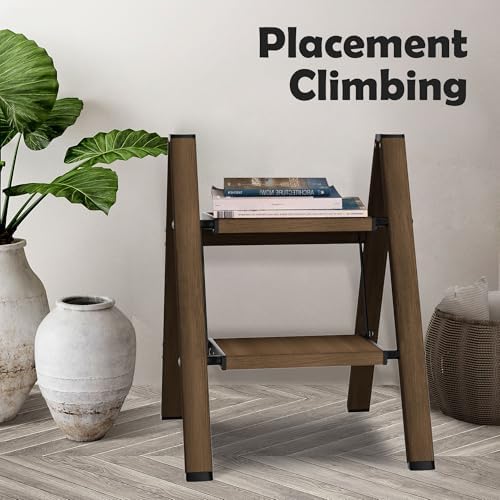 Taranta 2 Step Stool Foldable,Aluminum Step Ladder-Walnut | Lightweight,Wide Anti-Slip Pedals,Folding Step Stool,330lbs Capacity Stepladder for Household,Kitchen,Office