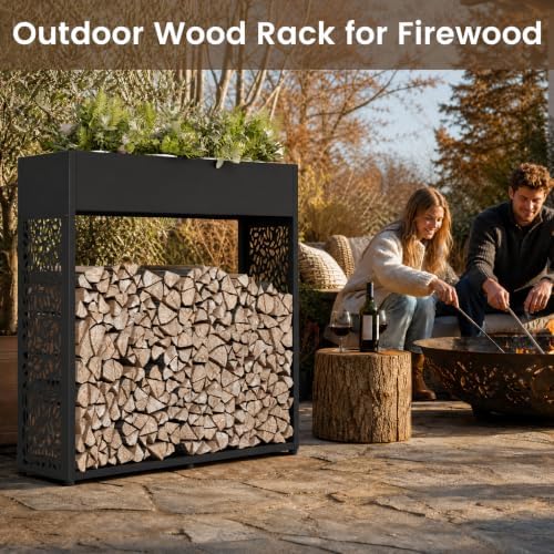 44" firewood rack outdoor with planter & reinforced on a desk or shelf