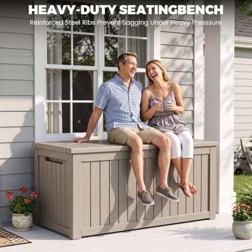 320 gallon outdoor storage box waterproof, lockable resin on a desk or shelf