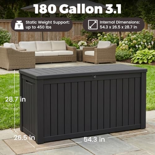 outdoor storage box, 180 gallon waterproof deck box shown in use