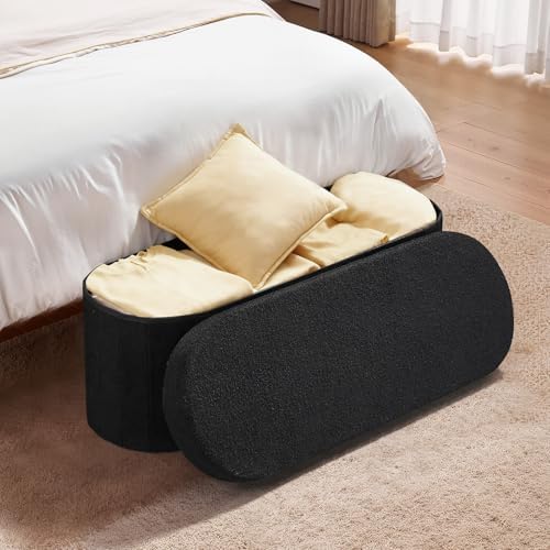 vevor oval storage ottoman bench, foldable teddy fleece shown in use