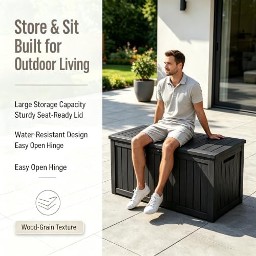 makino 198 gallon large resin outdoor storage box, front angle view