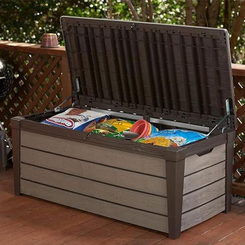 keter brushwood outdoor storage deck box,120 gallon, brown, package contents