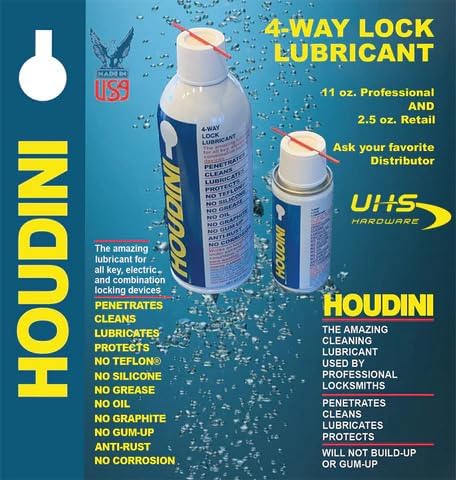 Houdini Lock Lube Professional Lock Lubricant Spray, 11 oz - Greaseless, Graphite-Free, Dielectric Cleaner & Protectant for Door Locks, Hinges, Latches & Electronics - Anti-Rust Formula