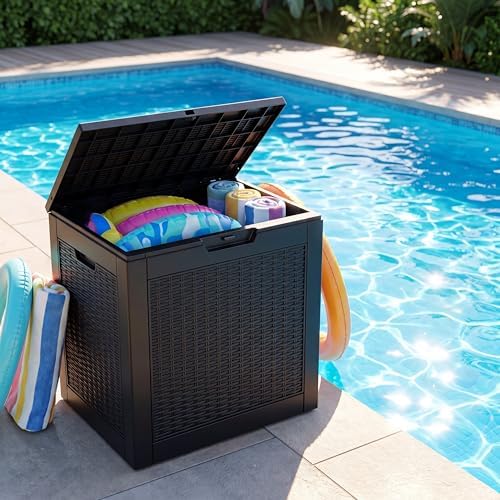nicbex 30 gallon deck box, waterproof resin rattan on a desk or shelf