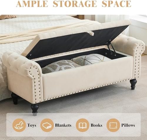 51" storage bench for bedroom, upholstered ottoman bench showing dimensions
